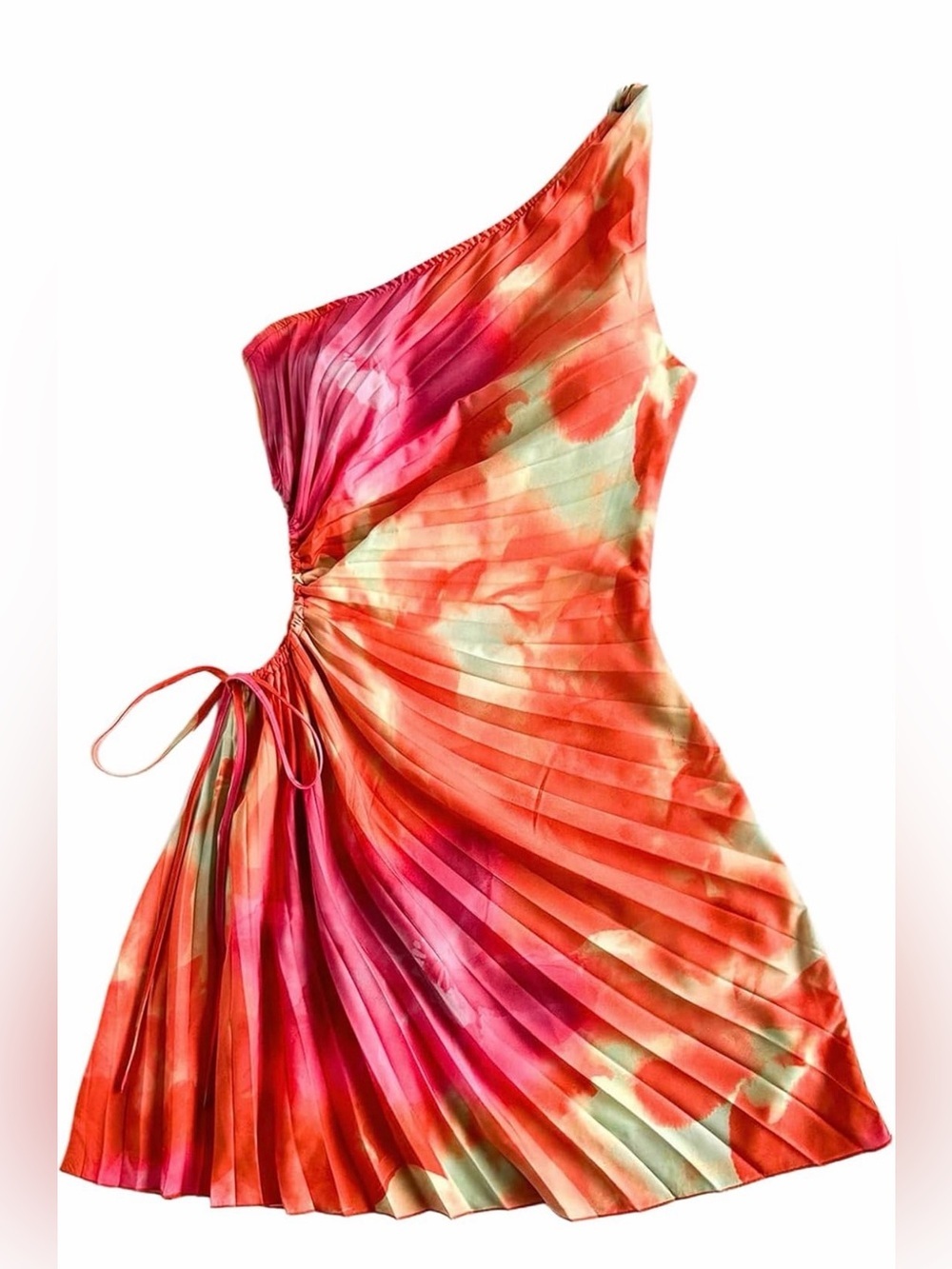 NWOT Asymmetrical One-Shoulder Tie-Dye Dress — Pink & Coral, Medium